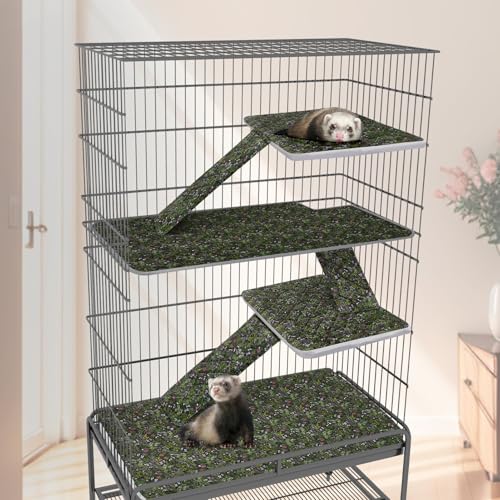 Bienbee Ferret Cage Liner Set, Leakproof Ferrets Cage Accessories for Small Animals Rats Chinchillas Hedgehogs Ferrets(Deep Green, Double Unit Combo) - color: Deep Green Flower Branch, size: Double Unit Combo-7 PCS