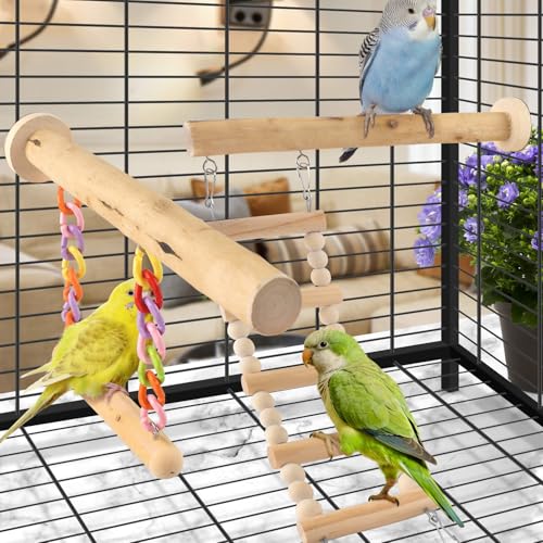 DBNESS Bird Perches Ladder with Swing, Natural Wood Parrot Climbing Bridge Perch Toys, Exercise Play Stand Parakeet Cage Accessories for Budgie Cockatiel Green-Cheeked Conure Caique