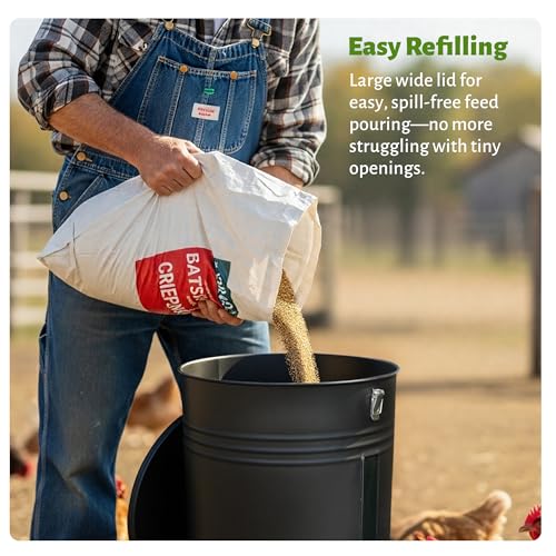 KOL 50LB Metal Chicken Feeder - No Waste, No Clog Design with 16 Ports & Smooth Gravity-Flow, Powder Coated Rust-Proof for Coop Use (Black) - color: Black