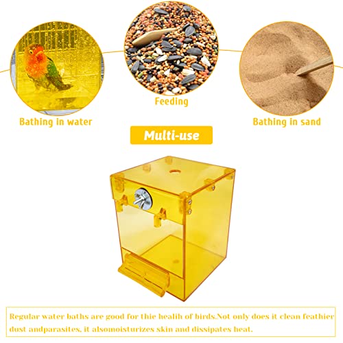 PINVNBY Yellow Acrylic Parrot Bath Box,Bird No-Leakage Bathtub for Cage Hanging Tube Shower Box Cage Accessory with Water Injector and Balls Toys for Small Pet Birds Canary Budgies Lovebirds(6 Pcs)