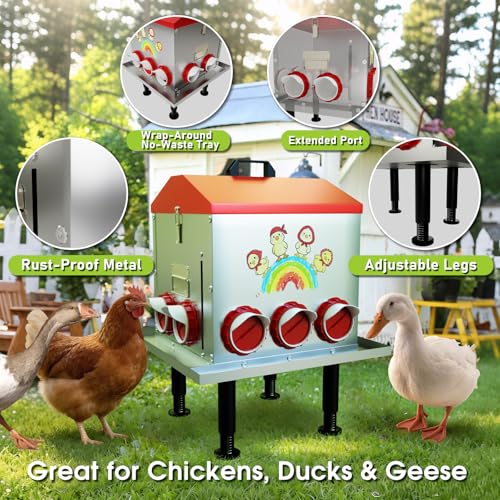 StellarStar 85LB Large Automatic Chicken Feeder with Window | 10 Ports, No-Waste Tray, Adjustable Legs & Locking Lid, Rust-Proof Metal, Waterproof Poultry Feeder for Chickens/Ducks/Geese