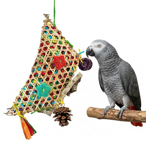 Parakeet Chewing Hanging Toy, Parrot Beak Toy Bird Foraging Toys with Natural Wood & Bamboo Shell, Cage Bite Toy for Small Parrots, Safe Bird Chewing Toys for Cockatiels Conures Lovebirds