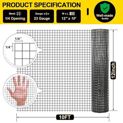 Black Hardware Cloth 12'' x 10' PVC Steel Vinyl Coated 1/4 inch Galvanized Wire Mesh Roll（23GA) Chicken Wire Fence Roll, for coop Fences,Screen mesh, Rabbit/Snake Fences, Poultry enclosures, etc. - color: 23(GA)-1/4inch, size: 12In x 10Ft