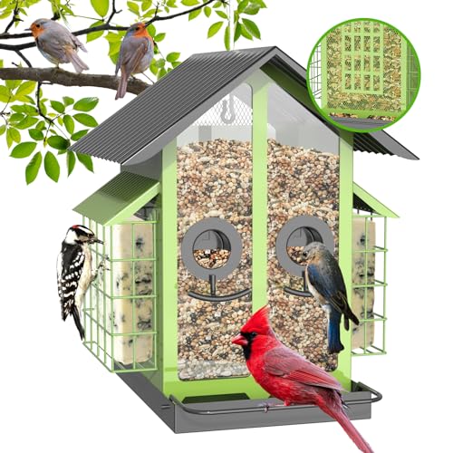 FlowaFoli Bird Feeders for Outdoors, Metal Bird Feeder with Double Suet Cage Weatherproof Metal Roof, 2 in 1 Mixed Seeds Suet Feeder, 4Lbs Large Capacity, Great for Finch、Cardinal、Chickadee（Green） - color: Green