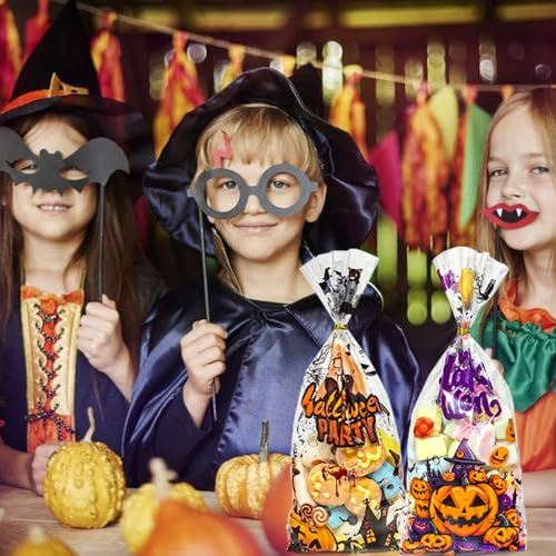 Lhocm Halloween Cellophane Treat Bags, Halloween Candy Cookies Goodie Gift Bags with Ties for Party Favors Supplies, 100pcs - color: Halloween 100pcs