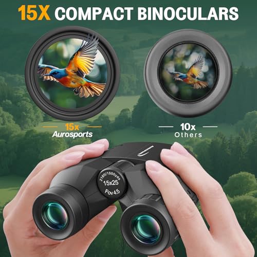 Aurosports Compact Binoculars for Adults & Kids - 15x25 High Power Binoculars with FMC Lenses & High Light Transmission Ultra Lightweight & Small Binos for Bird Watching Gifts for Men Women - Black - size: 15x25
