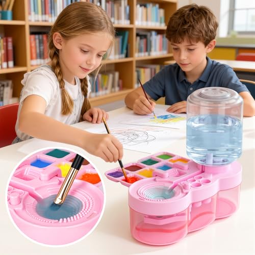 Paint Brush Cleaner Tool - Brush Washer Painting Station, Paintbrush Cleaners Water Dispenser Circulation, Art Acrylic Cleaning Watercolor Rinser for Kids Adult Artist - style: New Pink