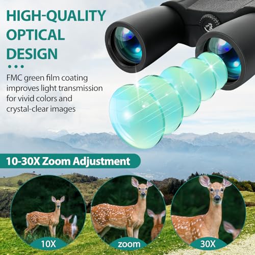 10-30x50 Zoom Binoculars for Adults High Power, Low Light Night Vision, BAK4 Prism with FMC Lens, Waterpoof, HD Professional Binoculars for for Bird Watching Hunting Travel Concerts & Sports - size: Black(10-30X50)