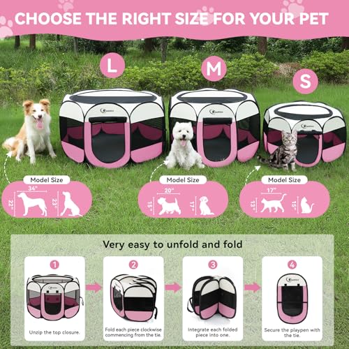 Sieidihit Dog Cat Pet Playpen Puppy Crate Cage Indoor Outdoor, Medium Pink | Nursing Rest Zone Recovering Pet Quarantine Room Portable Pop Up Easy to Set up lightweight Carrying Bag Wide applicability - color: Pink