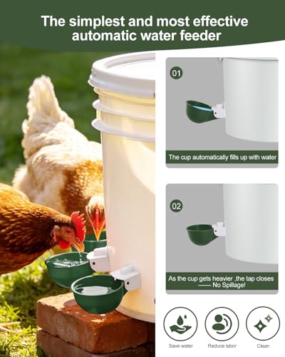Chicken Waterer Cups (16 Pack) with 3/8" Drill Bit - Green | Automatic Poultry Drinker Feeder Kit for Chickens, Ducks, Turkeys, Quail, Bunnies | DIY Gravity Fed Bucket Water Dispenser - color: Green, size: 16 Pack + Drill bit