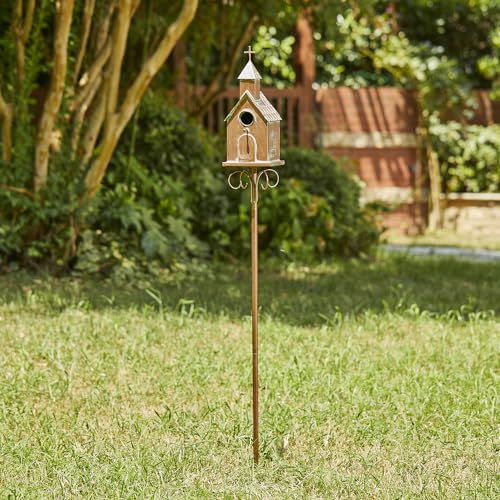 Glitzhome Bird House for Outdoors, 53.00" H Farmhouse Faux Copper Distressed Metal Bird House Church Birdhouse Decorative Garden Birdhouse with Stake