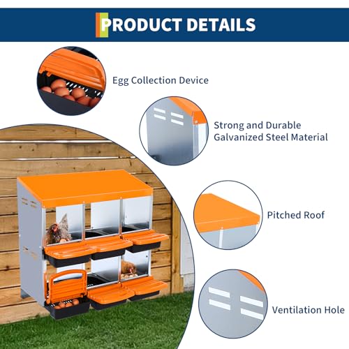 Chicken Nesting Box, 6-Hole Roll Away Egg Laying Box with Lid, Galvanized Steel Rustproof Design - Easy Egg Collection, Easy Clean Wall-Mountable Without Bracket, Orange - color: orange, size: 6 HOLES WITHOUT LEGS