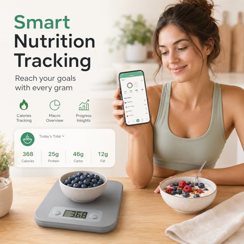 URAMAZ Smart Food Scale with Nutritional Calculator, Digital Kitchen Scale with Bluetooth App for Weight Loss, Food Weight Scale for Diet, Keto, Macro, Calories Counting, Tracking, 11lb - color: Grey