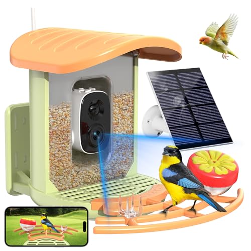 Bird Feeder with Camera, 2K HD Camera Birds Feeder with AI Bird Recognition, Solar Powered Smart Birdfeeder with App Control, Color Night Vision, Gift Box Package, Easy Install & Family Sharing - color: Green, size: Stand