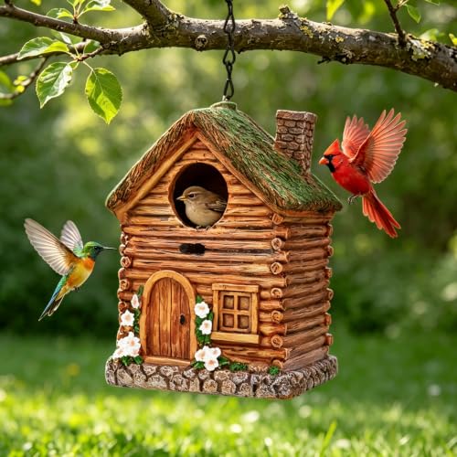 LAUGOKEBE Bird House for Outside, Rustic Cottage Hanging Birdhouse, Hand-Painted Resin Decorative Bird Nesting for Outdoors for Bluebird Finch Cardinals, Sparrow, Garden, Patio, Yard