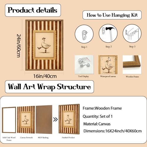 Funny Cowboy Goose Wall Art Silly Western Dancing Goose Wall Decor Painting, Whimsical Cute Stripe Animal Poster Canvas Print Picture for Living Room Bedroom 16x24 inch Wood Framed - color: Cowboy Goose, size: 24"L x 16"W