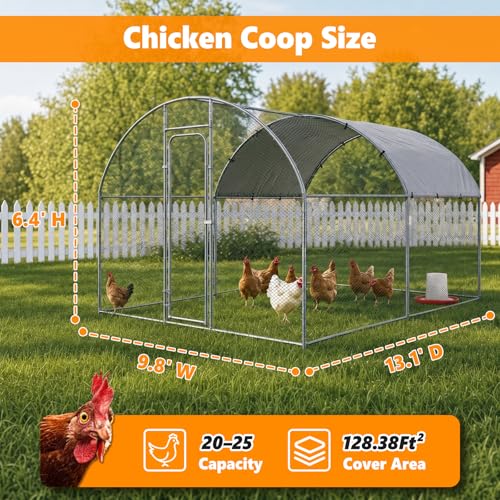 Metal Chicken Coop with Waterproof Curved Roof, 13.1×9.8×6.4ft | Thickened Steel Frame, Predator-Proof Wire, Weatherproof & UV Resistant Cover, Detailed Assembly Guide & Tool Kit - size: 157.2"L x 118.1"W x 76.8"H
