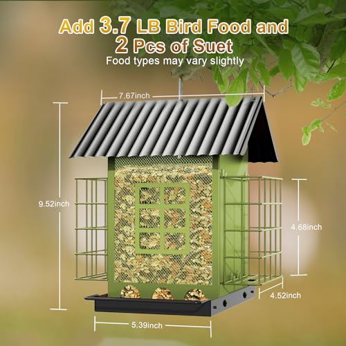 FlowaFoli Bird Feeders for Outdoors Hanging, Metal Bird Feeder with Double Suet Cage Cake, Large Capacity, Birdfeeders Sturdy & Weatherproof, Easy to Clean & Refill, Great for Attracting Wild Birds - color: Green