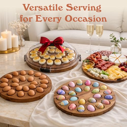Deviled Egg Containers with Lid, 24-Slot Acacia Wood Deviled Egg Tray Platter for Serving and Transporting, Elegant Party & Potluck Serving Board (Black)