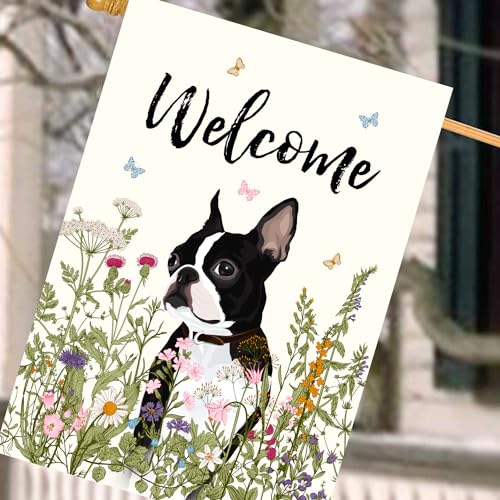 Floral Boston Terrier Garden Flag 28 x 40 Double Sided Multicolored Flower Dog Yard Flag for Outdoor Welcome - color: p-boston