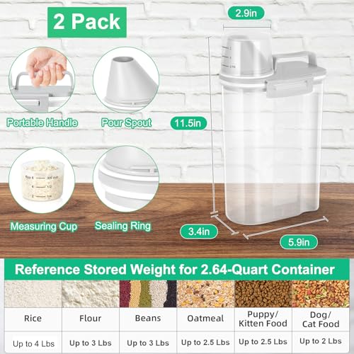 TBMax Rice Storage Container 2 Pack, Plastic Kitchen Pantry Food Storage Container with Cup, Small Pet Dog Cat Food Container Dispenser - color: Light grey & Light grey