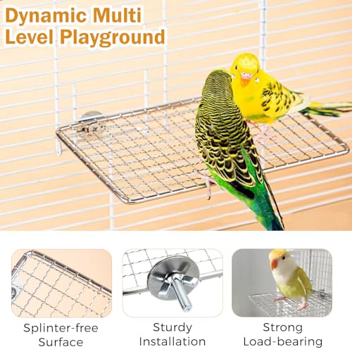 2Pcs Stainless Steel Bird Perch Platform, 7.9 x 6 in,with Soft Pads and Rotating Toy, Flat Mesh Resting Stand for Budgies, Parakeets, Cockatiels, Small and Medium Parrots - color: 7.9x 5.2Inches-2StainlessSteelwithSoftPads