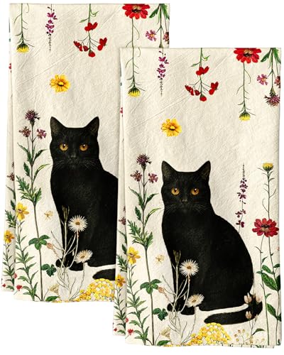 150GSM Flour Sack Kitchen Towels Set of 2, Retro Cats Floral | 18"x26", Lightweight, Lint-Free, Pure Cotton, Decorative, with Hanging Loop, Absorbent, Softer after Wash, Giftable Package - color: Cat in Flower