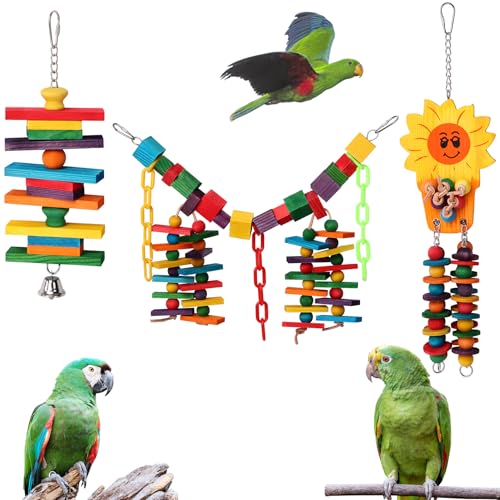 Set of 3 Natural Wood Parrot Toys - Ideal for Small & Medium Parrots. Safe & Durable Chew Toys Promote Mental Stimulation & Beak Health. Handcrafted Bird Toys for Enriching Playtime