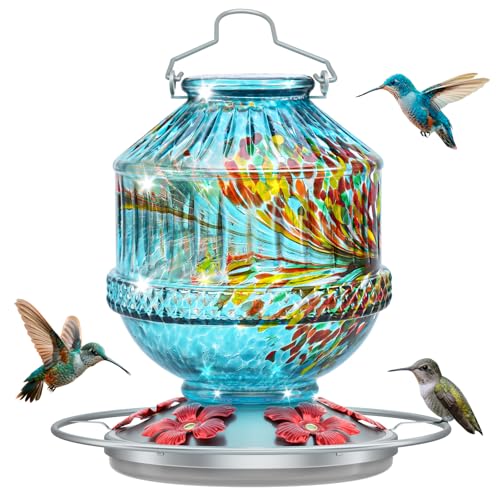 Hand Blown Glass Hummingbird Feeders for Outdoors, 25 Ounces Wild Bird Nectar Feeder with Perch & 5 Flower Feeding Ports Leak Proof Hanging for Garden Backyard Decor, Gifts for Women Mom, Blue - color: Phoenix Blue