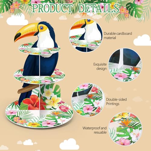 3 Tier Hawaiian Party Decor Bird Toucan Cupcake Stand Tropical Birds Cupcake Tower Luau Aloha Themed Cake Holder for Summer Luau Hawaiian Beach Pool Rainforest Birthday Party Decor Supplies - style: Hawaiian