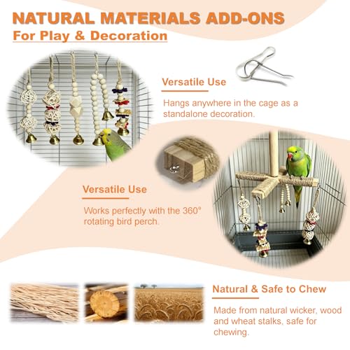 360° Rotating Bird Perch Stand - 4 Perches + 5 Natural Chew Strand, Natural Bird Cage Accessories, for Small & Medium Birds Parakeets Cockatiels Lovebirds Budgies - color: Natural