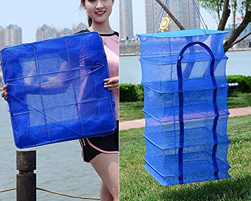 Hanging Drying Net Foldable Drying Rack Net Dryer 19.7"x19.7"x37.4" 6 Layer Folding Fish Mesh Collapsible Dry Net with Zippers for Drying Seeds Fish Vegetables Fruit Herb Food - color: Blue