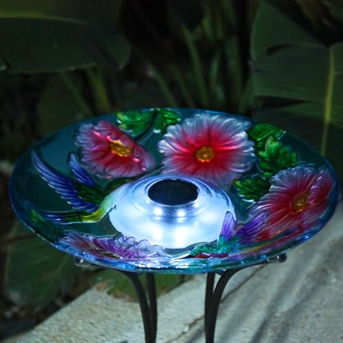 MUMTOP Glass Bird Bath Solar Birdbath with Metal Stand Garden Flower Decor | 18" Diameter 21.65" Height Outdoor Bird Baths for Lawn Yard Decor, Solar Large Birdbath Hummingbirds Bird Feeder - color: Hummingbirds