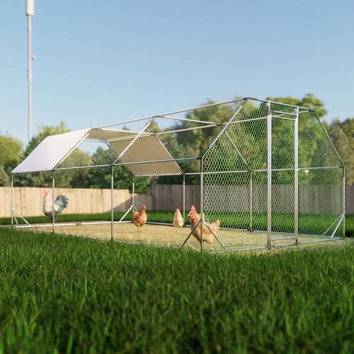 CHIKENCOOP 19.5x9.8x6.5ft Metal Chicken Coop, 3-Room Chicken Run with Cover | Three-room walk-in run with flat-center roof, waterproof UV-resistant PE cover, galvanized steel frame, and lockable door. - size: 238.0"L x 118.0"W x 79.0"H