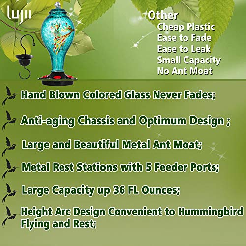 LUJII Hummingbird Feeder, Hand Blown Glass Hummingbird Feeder, Never Fade, 36 Fluid Ounces, 5 Feeding Metal Stations, Much Bigger, Garden Backyard Decorative, Containing Ant Moat (Blue) - color: Blue, size: Large