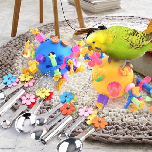 KATUMO Bird Toys, 2PCS Parrot Pull Spoons Colorful Acrylic Stick Chew Toys for Amazon Parrot, Parakeet, African Grey, Conure, Caique, Quaker, Small Cockatoo, Mini Macaw, Eclectus and Similar Birds - color: Blue + Yellow