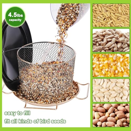 Bird Feeder for Outdoor Metal Hanging 9.8" Roof 4.5 LBs Capacity | Heavy Duty, Waterproof, Weatherproof, Rustproof, Chew Proof, 4 Feeding Ports and 4 Extra Perches, Easy to Clean & Refill