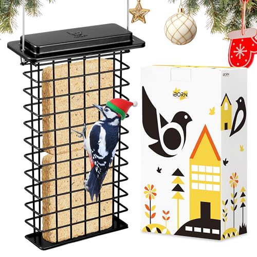 iBorn Metal Double Suet Feeder,Durable Suet Cake Cage Bird Feeder for Outdoors Hanging，Metal Roof Bird Feeder with Taller Grid for Woodpeckers,Large Suet Holder,Easy Clean & Refill,1 Pack,Black - color: Black, size: Double Capacity
