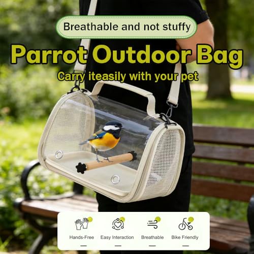 Hands Free Small Pet Cage with Breathable Mesh Windows Parrot Backpack | Small Bag for Vet Visit Shopping Hiking, Clear View Portable Bird Travel Carrier with Easy Clean Removable Tray and Perch - color: White