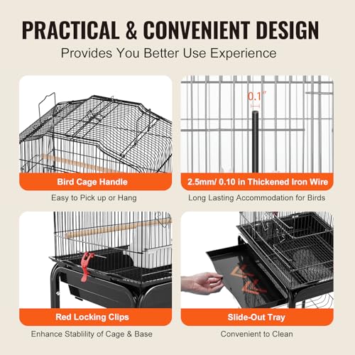 VEVOR 64-inch Open Top Large Parrot Bird Cage with Detachable Rolling Stand for Parakeets Finches Canaries Lovebirds Cockatiels Budgies Small Quaker Conures Flight Birdcage with Swing and Perch - size: 18.0"L x 14.0"W x 59.5"H
