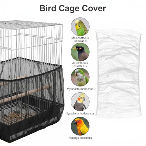 2 Pcs Bird Cage Seed Catcher,Adjustable Elastic Bird Cage Skirt Breathable Nylon Mesh Seed Catcher for Birds Cages Budgie Parrot Parakeet Enclosures(Black,White)