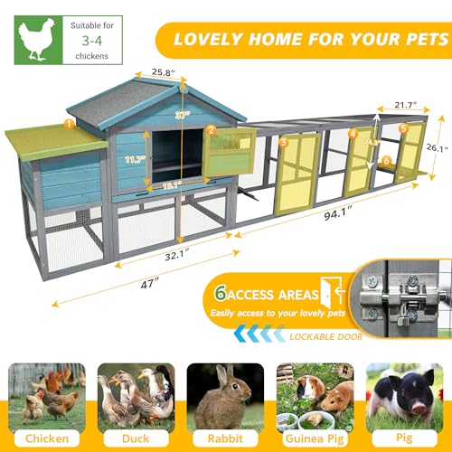 YOPTO Large Wooden Chicken Coop with Run Blue Gray 141.1 in | 21.2 ft² run, Fits 3–4 chickens, Nesting box, Sliding tray, Waterproof UV roof, Solid wood frame - size: 141 in