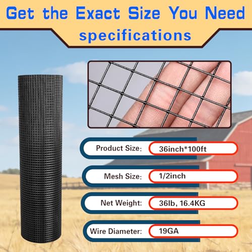 Hardware Cloth 1/2inx36inx100ft, Chicken Wire Fencing Welded Wire Mesh Vinyl PVC Coated Mesh Coop Garden Plant for Rabbit Snake Rodent Foxes Raccoons Poultry Netting Cage Farm Protection - color: Black, size: 1/2in 36in×100ft