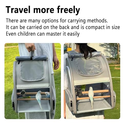 Bird Carrier,Travel Bird Cage,Bird Backpack for Small Birds Parakeet,Canary,Parrot, Finches,Cockatiel.Portable Outdoor Bird Bag with 2 Wooden Perch, Double-Clamp Cup, Detachable Poop Tray (Gray)