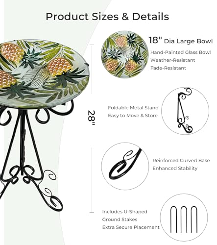 Large Glass Bird Bath with Metal Stand, Pineapple | 18" Wide Bowl, 3.2" Bathing Depth, Thick Glass Construction, Stable 3-Leg Base, Easy Clean Surface, Garden Decor