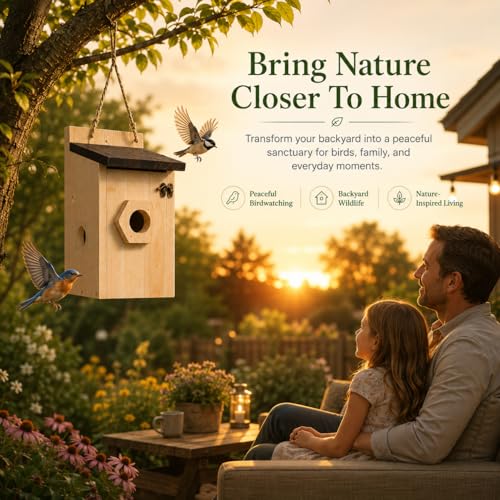 2 Pack Wooden Bird House for Outside Hanging, Birdhouse with 3 Interchangeable Entrance Holes, Predator Guard & Easy Clean Door, Outdoor Nesting Box for Bluebirds, Wrens, Chickadees - style: 2 Pack