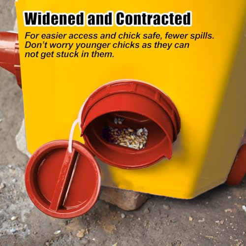 Chicken Feeder No Waste, 10 Ports Automatic Poultry Feeder with Covers & Hole Saw, Rain Proof Chicken Feeder Port for Buckets, Bins & Barrels - color: Red