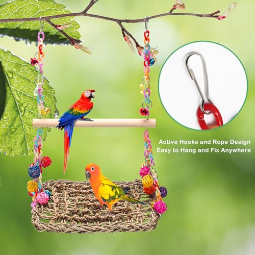 Bird Swing Mat with Wood Perch, AHIER Seagrass Bird Hammock for Conures with Chewing Toy for Parakeets, Budgie, Cockatiel Cage Accessories - color: Light Wood Pole