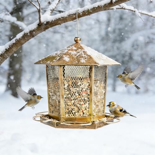 Hexagonal Gazebo Bird Feeders, Weatherproof Wild Bird Feeder for Outdoor | Unique Pavilion Style Metal Bird Feeder for Outside Hanging Garden Patio Backyard Lawn Decor