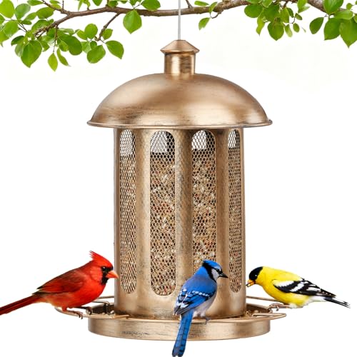 Bird Feeder, 4LB Large Capacity Bird Feeders for Outdoor Hanging | Heavy Duty Metal, 4 Perches, With Drain Holes, Wild Birdfeeder, For Outside Garden Yard Decor, Retro Lantern Shape - color: Brown